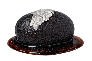 Kala jamun sweet with edible silver varak leaf, an indian traditional dark brown dessert in sugar syrup, transparent background