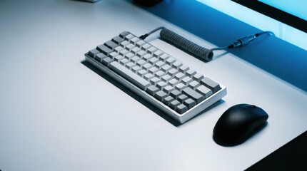 Modern Office Setup with Mechanical Keyboard and Gaming Mouse on Sleek Surface
