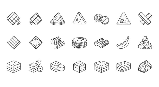 Indonesian Traditional Food and Ramadan Iftar Snacks Line Art Icon Set &ndash; Ketupat, Lemper, Lapis Cake, and Jajanan Pasar Vector Collection