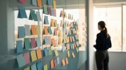 Creative brainstorming session with colorful post-it notes on glass wall in modern office environment