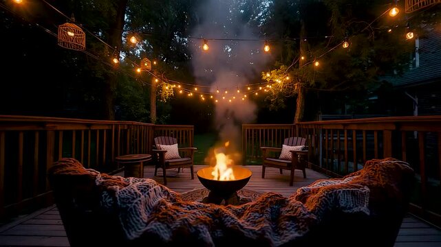 Cozy backyard deck with glowing fire pit string lights and outdoor seating at night surrounded by trees