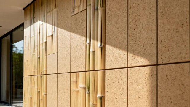 Medium shot of bamboo fiber siding panels showcasing natural texture and ecofriendly sustainable cladding in a modern architectural setting.