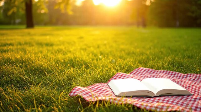 Open book with turning pages on a picnic blanket in a sunny summer park or meadow creating a peaceful reading scene
