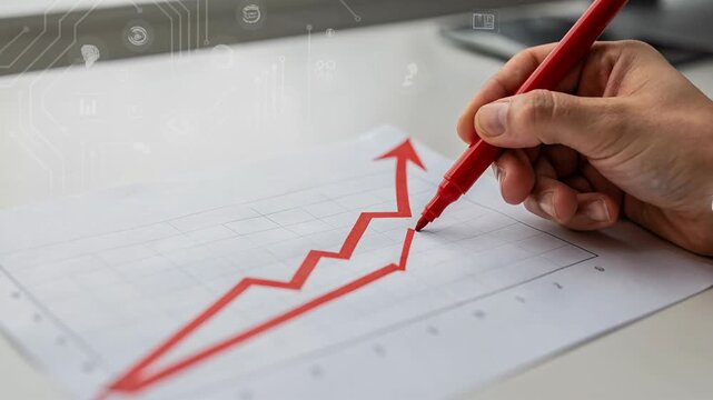 Hand drawing an upward growth line graph with a red marker on paper for business success and financial recovery concept