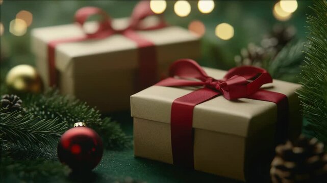 Three shiny, gold-wrapped Christmas gifts with red bows, set against a festive holiday backdrop with pine branches, ornaments, and twinkling lights.