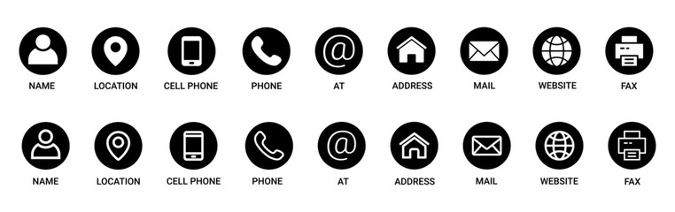 Contact information icons for business card featuring name, location, cell phone, phone, email, address, website, and fax in clean black flat vector style.
