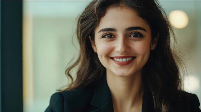 Young, smiling businesswoman in a modern office setting with a positive outlook on her career and the work environment.