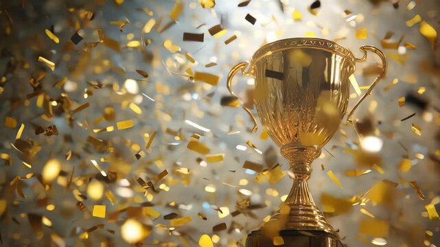 Golden Trophy with Falling Confetti Celebrating Victory Success