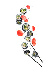 Floating sushi rolls with marinated ginger in the air isolated on a white background