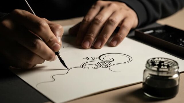 Artist Carefully Drawing an Ornate Swirl Design with Ink Pen.