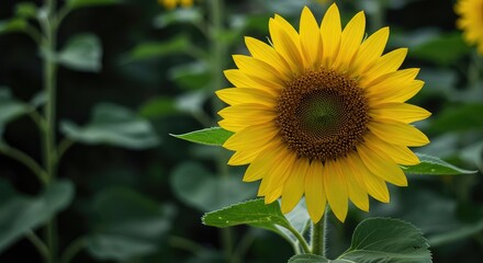 Obraz premium A vibrant yellow sunflower stands tall in a sunny summer garden, showcasing large petals and a dark central disk against green foliage ,pollen ,garden ,fresh