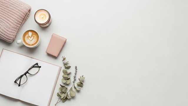 Serene wellness flatlay with lit candle, bar soap, eucalyptus, lavender, and open notebook on a clean surface