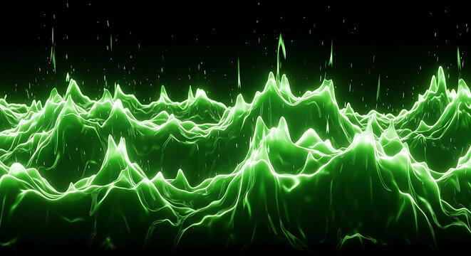 abstract glowing green waves undulate with luminous particles forming a dynamic digital landscape ideal for scientific data and technology.