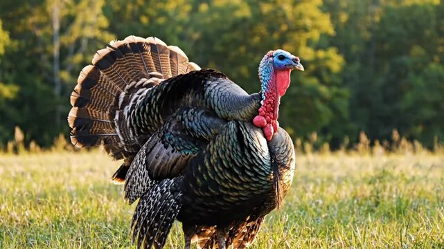 Wild turkey struts in sunny field during afternoon hours in rural area