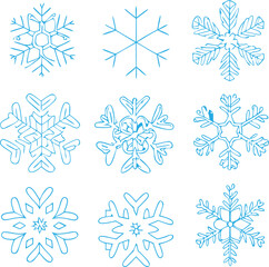 Set of hand drawn blue snowflake outlines featuring unique and intricate patterns perfect for winter holiday designs and seasonal decorations Vector Illustration