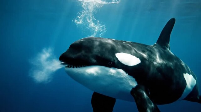 Symmetric frontal portrait of a majestic killer whale orca swimming underwater in deep blue ocean waters illuminated by ethereal divine sunrays shining through the surface monochrome aesthetic