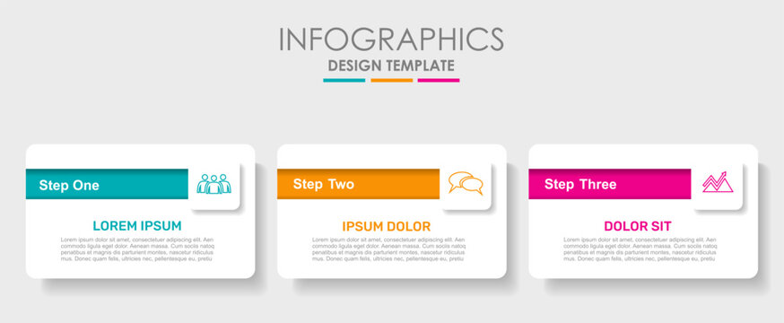 Infographic template with three colorful options, icons, and text boxes. Vector illustration.
