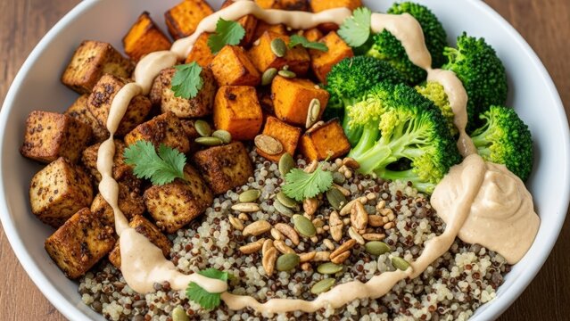 Vibrant Vegetarian Quinoa Bowl Featuring Roasted Sweet Potato, Broccoli, Tofu, and Seeds With a Creamy Sauce