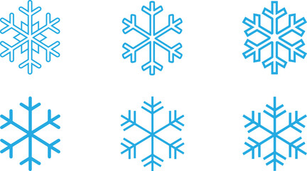 Set of minimalist snowflake icons featuring both outline and solid blue designs perfect for winter weather apps seasonal promotions and UI elements Vector Illustration