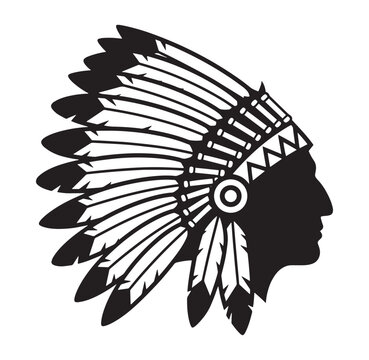 Native American Indian chief head silhouette with feathered headdress profile view