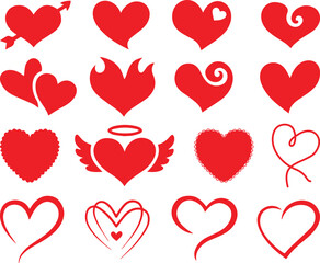 Set of red heart shapes vector illustrations in various styles ideal for Valentines Day wedding and romantic design projects 