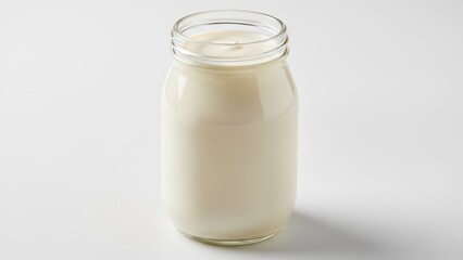 A glass jar filled with creamy white milk isolated on a light background