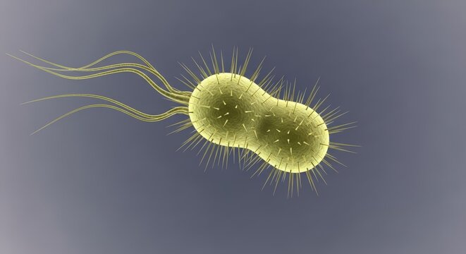 A detailed 3D rendering of a bacterium with flagella, showcasing its complex structure for scientific and educational purposes