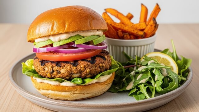 A gourmet veggie burger with avocado, tomato, onion, and greens, served with sweet potato fries and a side salad.