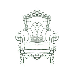 A classic vintage armchair with a royal crown on the seat. Romantic interior. Baroque and Rococo style. Classic upholstered furniture. Green vector outline clipart. Hand-drawn retro illustration. © Anastasiia