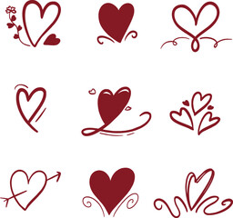 set of hand-drawn red heart illustrations in a charming doodle and calligraphic style perfect for Valentines Day love concepts and romantic graphic design projects Vector Illustration