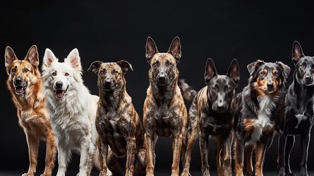 Panoramic elegant studio portrait of seven diverse dogs including shepherd types and mixed breeds standing in a synchronized row against a dark black background captured in high resolution.