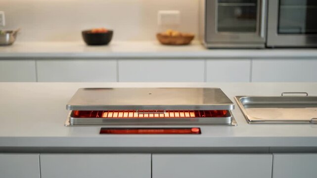 Medium shot of electric builtin buffet hot well under counter with glowing heating element main pan in sharp focus surrounding area softly blurred for warmth emphasis.