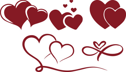 Collection of red heart illustrations in various styles symbolizing love and romance for Valentines Day weddings and greeting card designs isolated on white Vector Illustration