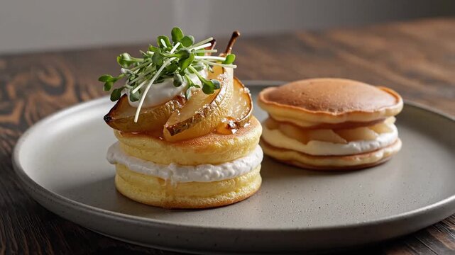 Minimalist Gourmet Dessert Featuring Roasted Pears Atop Fluffy Pancake With Silky Vanilla Cream And Fresh Microgreens Served On Handcrafted Dora Ceramic Plate For Fine Dining Presentation