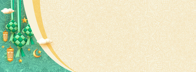 Eid Mubarak decoration background with Ketupat and Arabic pattern