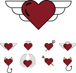 Diverse collection of flat design heart icons including winged haloed devilish and cupid pierced variations ideal for love emotion or relationship themed projects Vector Illustration