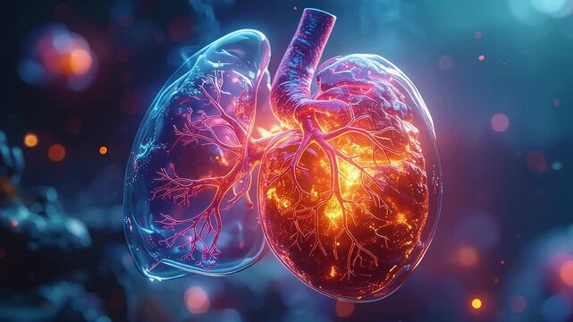 Human lungs and heart medical illustration. Glowing anatomical respiratory system with bronchi and blood vessels. 3D scientific visualization for health care and biology.