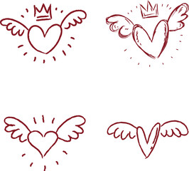 Collection of whimsical hand drawn hearts with wings and crowns rendered in a playful doodle style ideal for Valentines Day love and romantic design projects