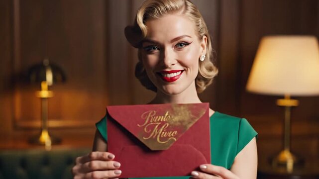 Elegant female hand holding a professional red envelope mockup for corporate stationery luxury greeting card or wedding invitation presentation in high resolution 4K video closeup.