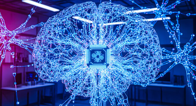 An expansive, intricate blue wireframe representation of a human brain covered in elaborate neural connections, with a prominent central processing unit, set within a sophisticated laboratory or offic