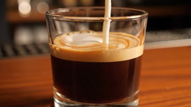 Transparent glass cup filled with aromatic coffee and creamy milk swirling together to create a beautiful marble effect, perfect morning latte or macchiato beverage served on a table.