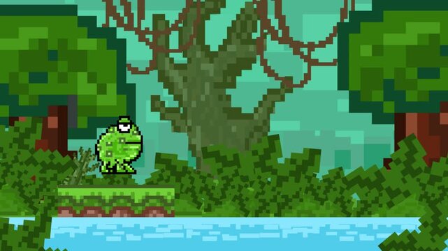 Pixel art style animation with a frog in a lake, background, art, vintage, pixel.
