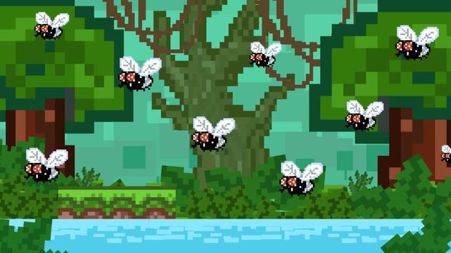 Pixel art style animation of a lake scene with flies passing by, art, vintage, pixel.