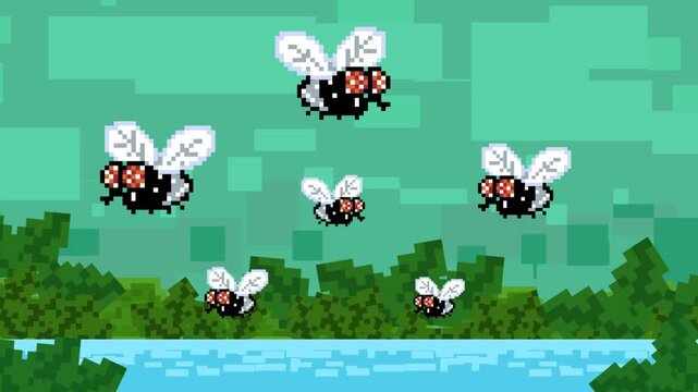 Pixel art style animation of a lake scene with flies, art, vintage, pixel.