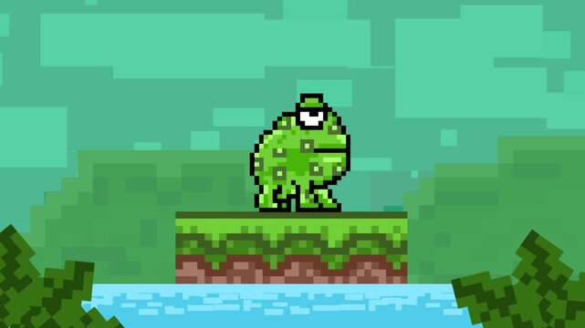 Pixel art style animation with a frog in a lake, background, art, vintage.