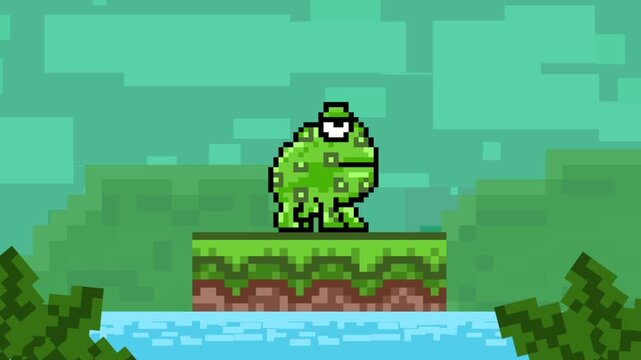 Pixel art style animation of a scene with a frog sticking out its tongue, lake, art, vintage, pixel.