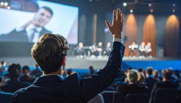 Empresario levantando la mano en conferencia empresarial con ponente en pantalla y auditorio lleno