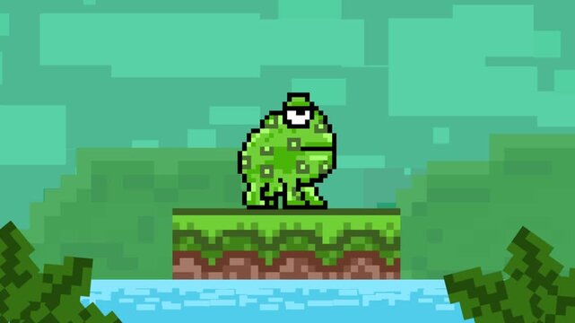 Pixel art style animation of a scene with a frog standing in the lake, art, vintage, pixel.