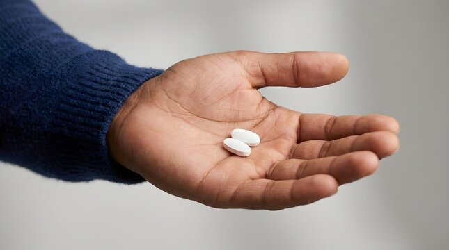 African American male hand holding two white oval pills in open palm with blue sweater sleeve on gray background