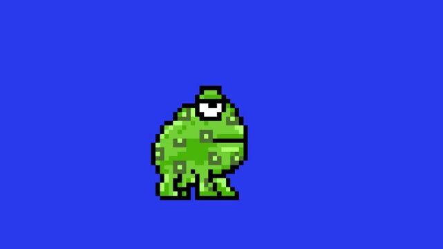 Pixel art style animation with a frog sticking out its tongue on a blue background, art, vintage, pixel.